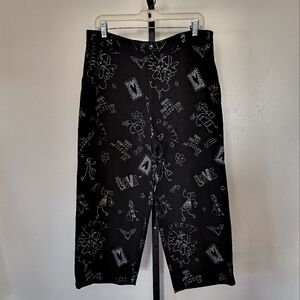 Chico's Design Silk Linen Black White Graphic PrintCropped Pants Sz2 Art To Wear